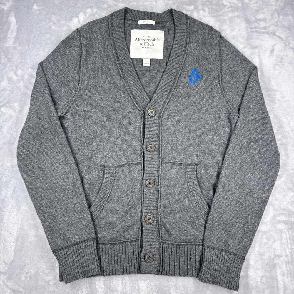 Vtg ABERCROMBIE & FITCH Muscle Cardigan Sweater Men L Gray Rabbit Hair Blend Y2K